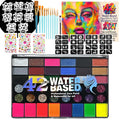 Face paint kit with 42 colors, brushes, stencils, and gems laid out, top view.