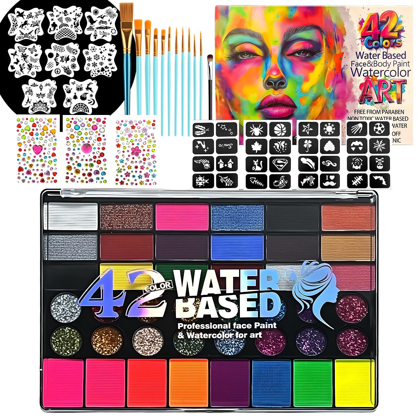 Face paint kit with 42 colors, brushes, stencils, and gems laid out, top view.