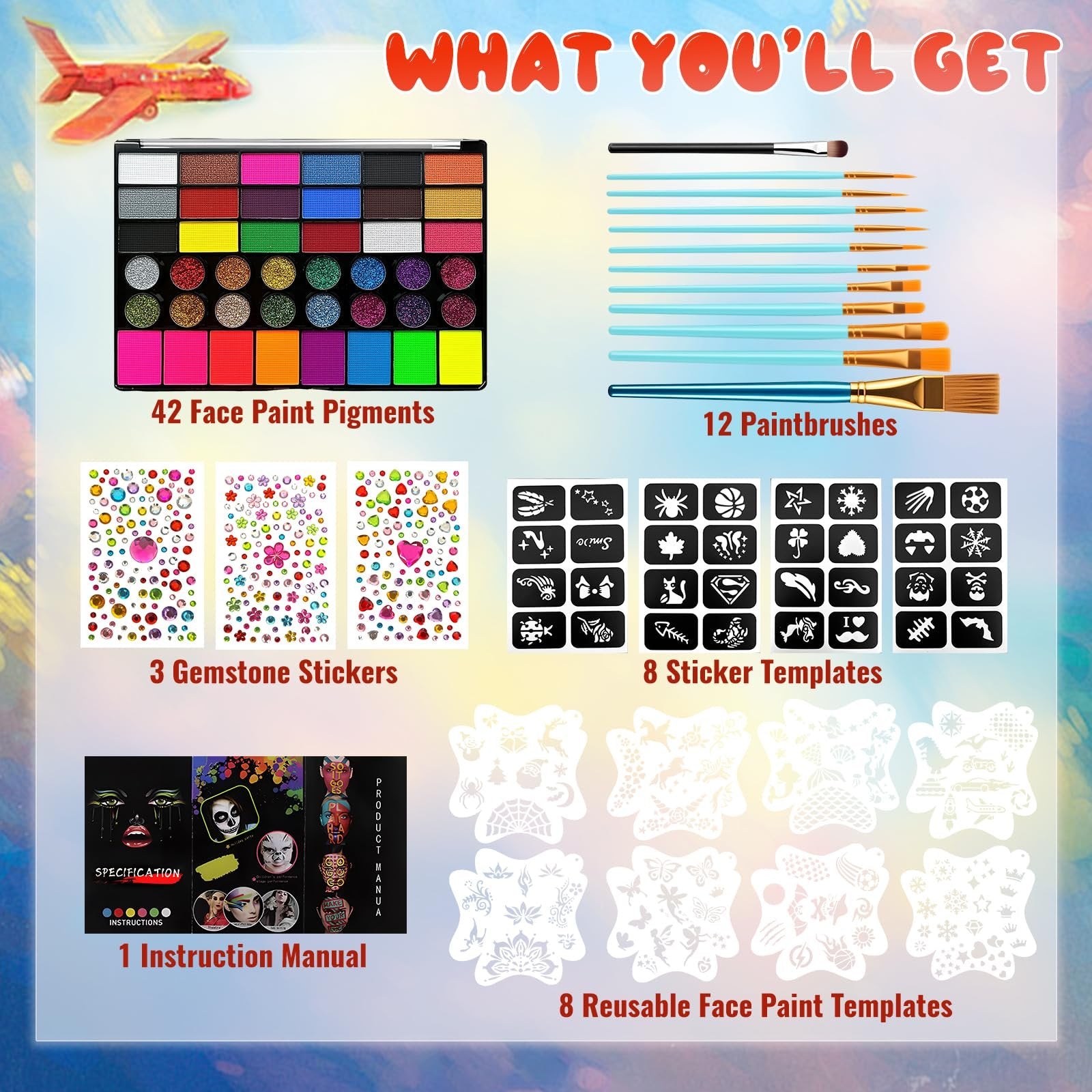 Contents of a face paint kit including pigments, brushes, gemstone stickers, and templates.