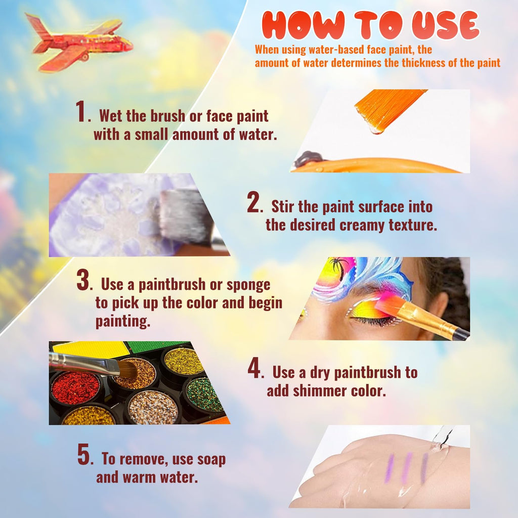 Step-by-step guide on how to use water-based face paint, showing brush application and removal.