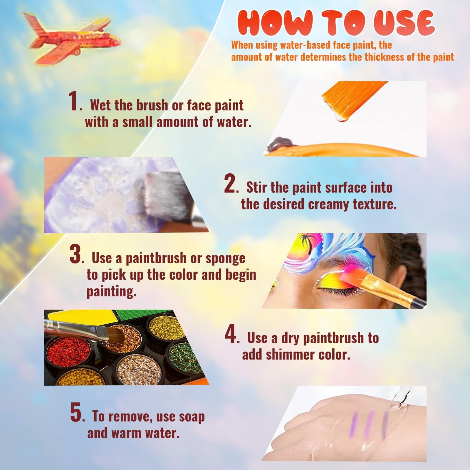 Step-by-step guide on how to use water-based face paint, showing brush application and removal.