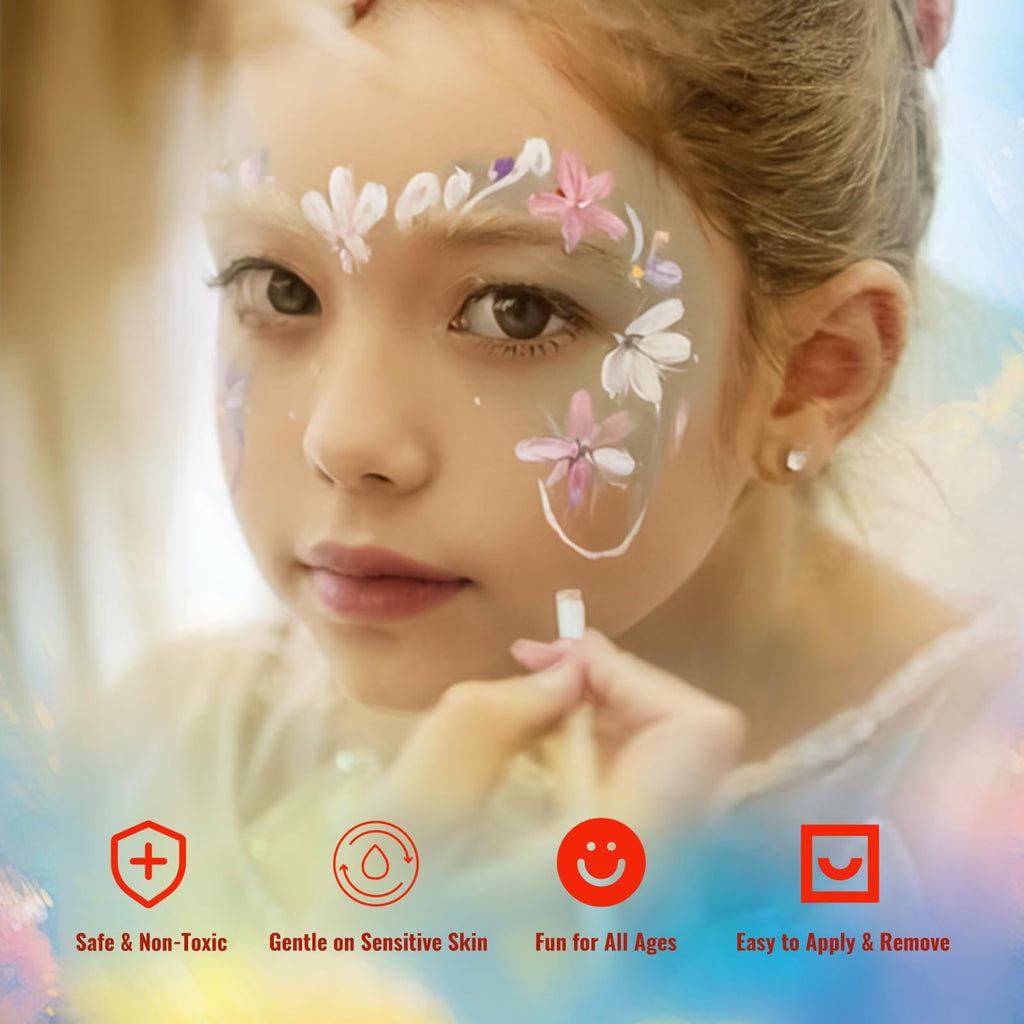 Close-up of a child's face being painted with flowers and dots, with a brush applying paint near the chin.