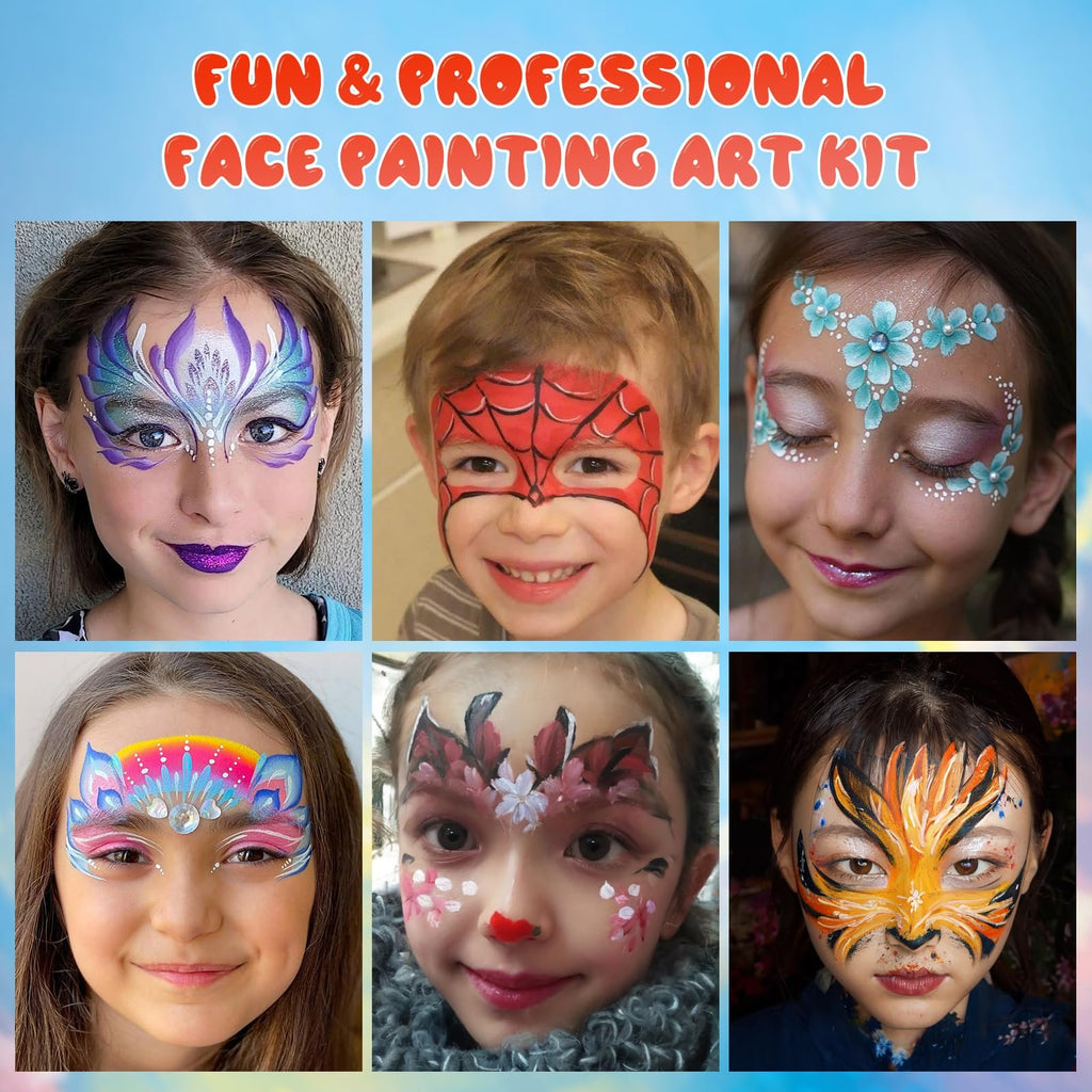 Collage of six children with colorful face paint designs, including a butterfly, Spiderman, flowers, a mandala, a fox, and a tiger.