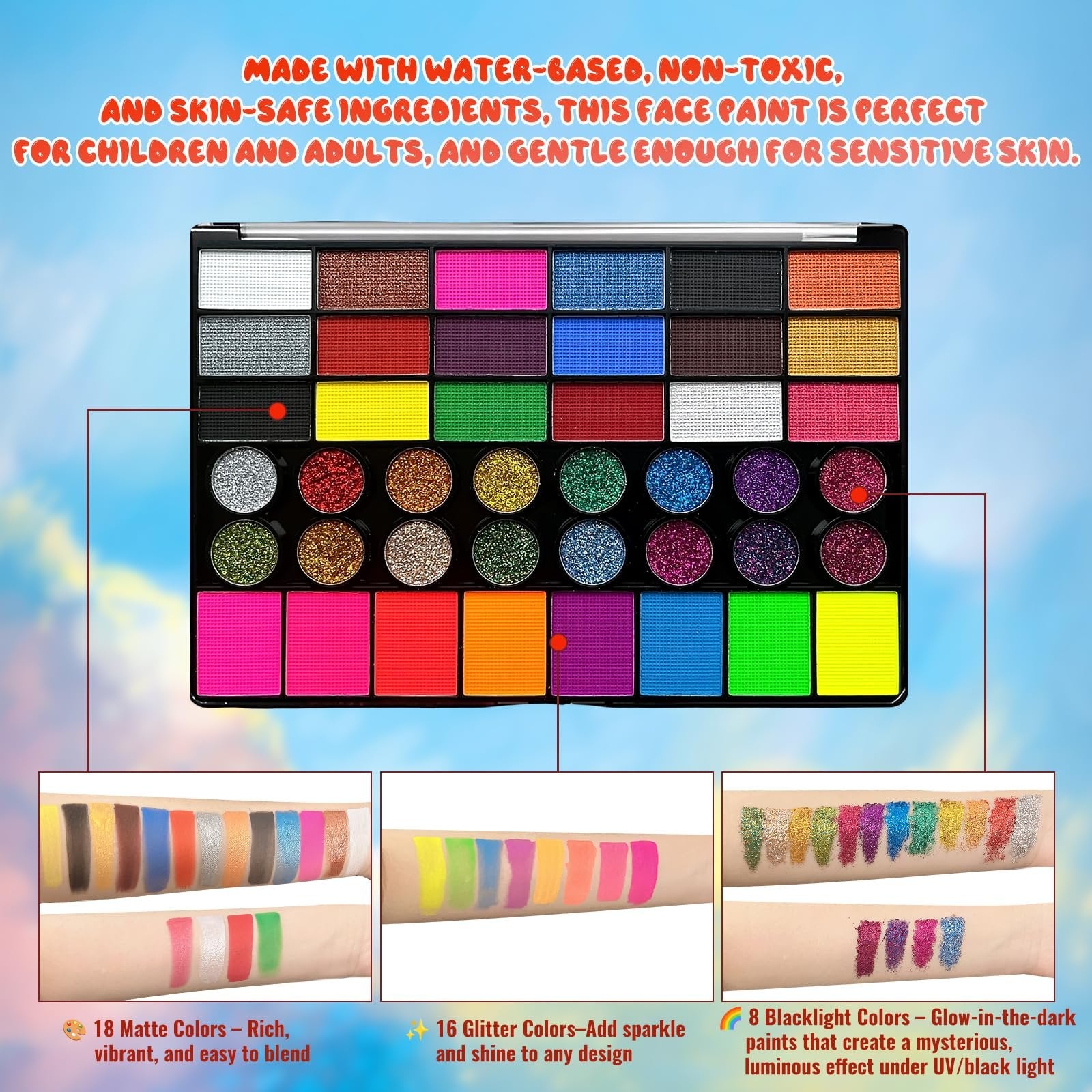 Top-down view of an open face paint palette with 42 colors, plus swatches of matte, glitter, and blacklight paints on skin.