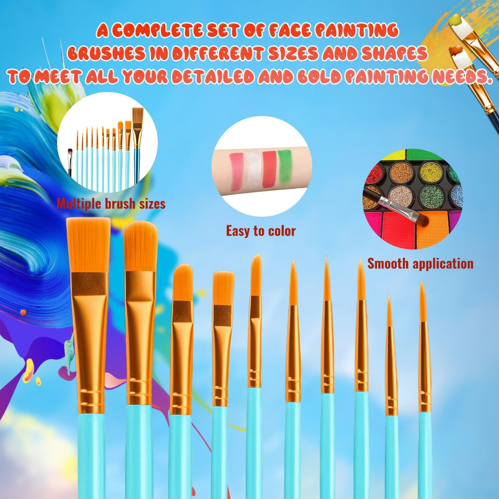 Collection of face painting brushes with blue handles and gold ferrules, displayed against a blue background with paint splatters.