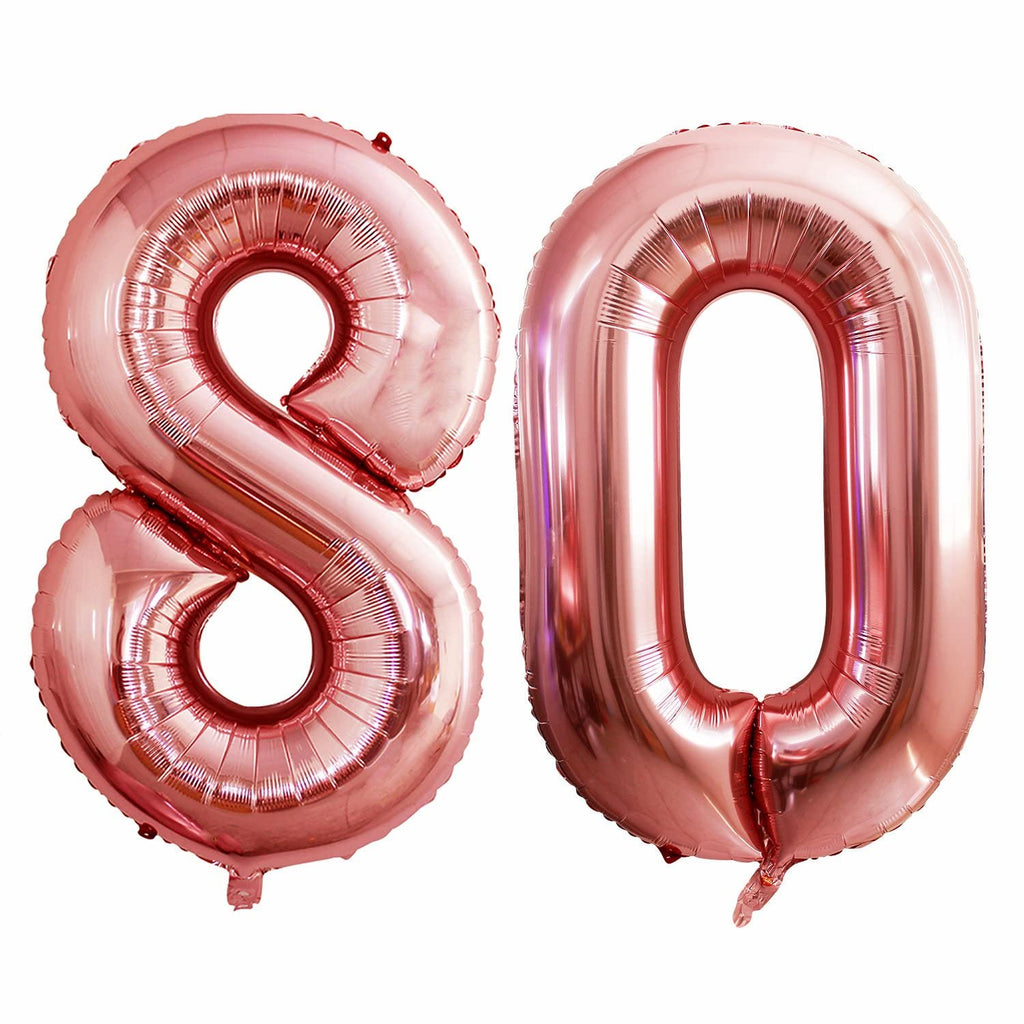 Rose gold number 80 foil balloons isolated on white background