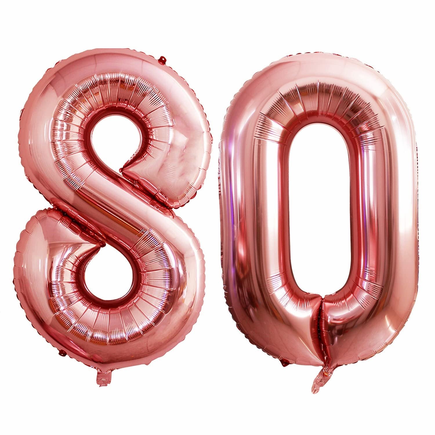 Rose gold number 80 foil balloons isolated on white background