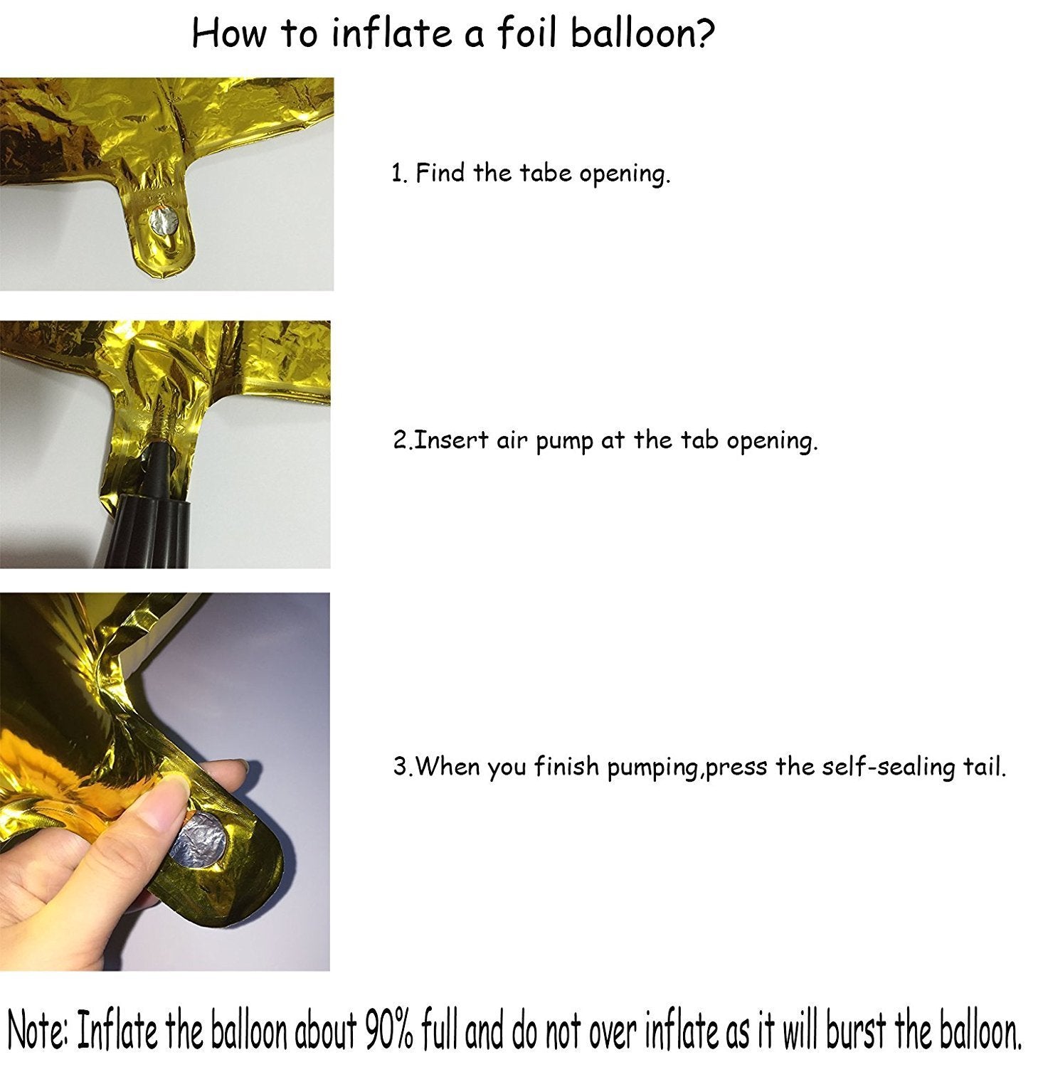 Instructions on how to inflate a gold foil balloon, showing three steps and a note about inflation.