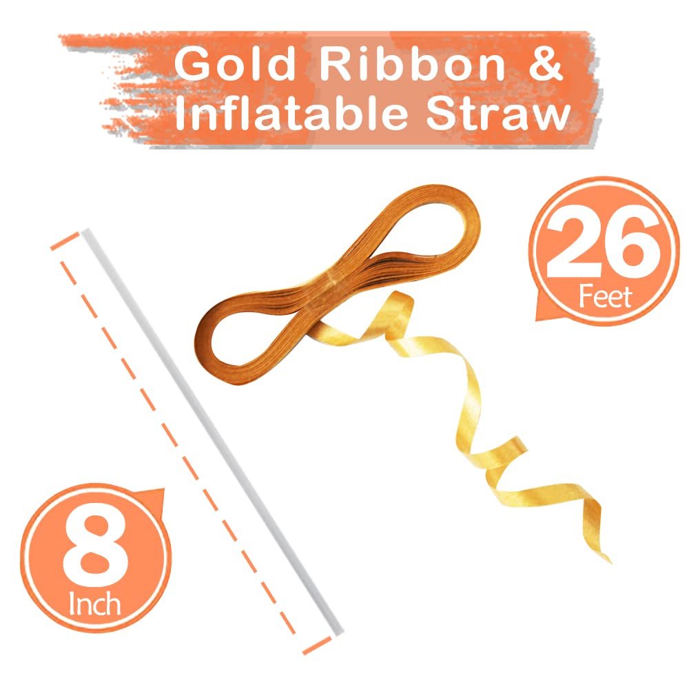 Gold ribbon and inflatable straw with size callouts for 8 inch and 26 feet