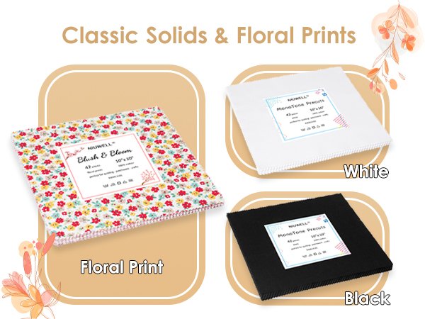 Fabric squares in floral print, white, and black stacks, labeled with print type and brand.