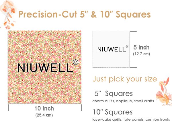 Floral cotton fabric squares with brand name printed on them, showing 10-inch and 5-inch sizes.