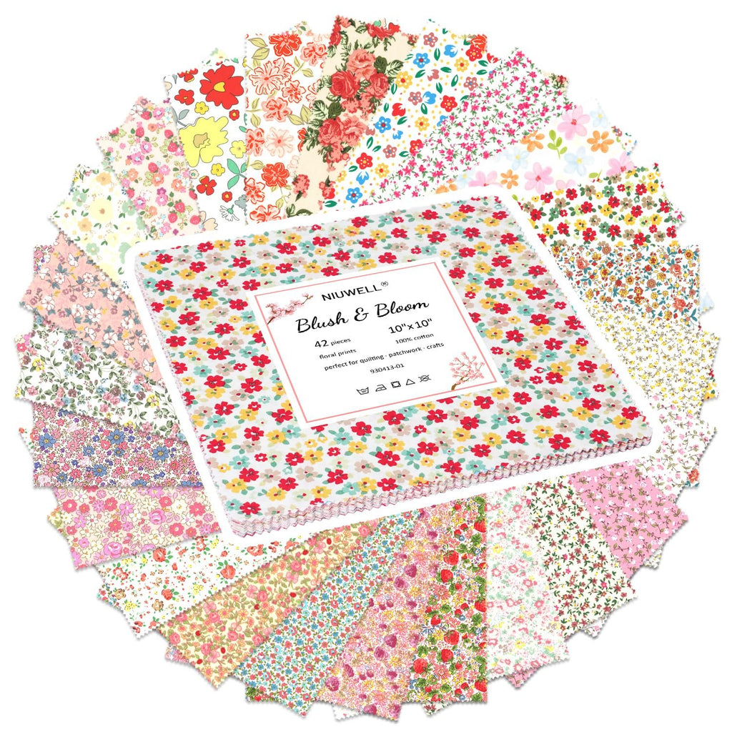Stack of 42 floral print 10x10 inch cotton fabric squares, fanned out