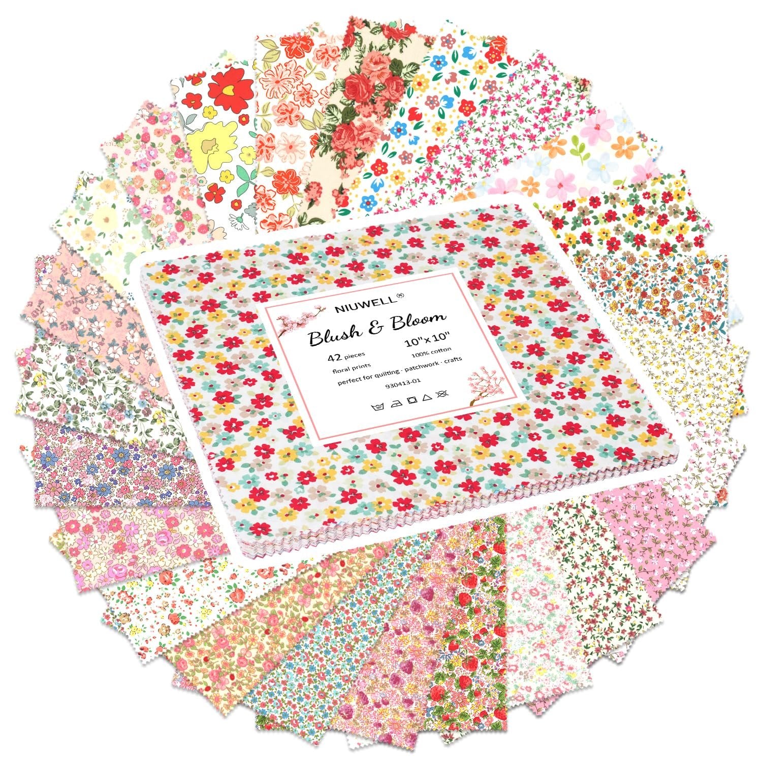 Stack of 42 floral print 10x10 inch cotton fabric squares, fanned out