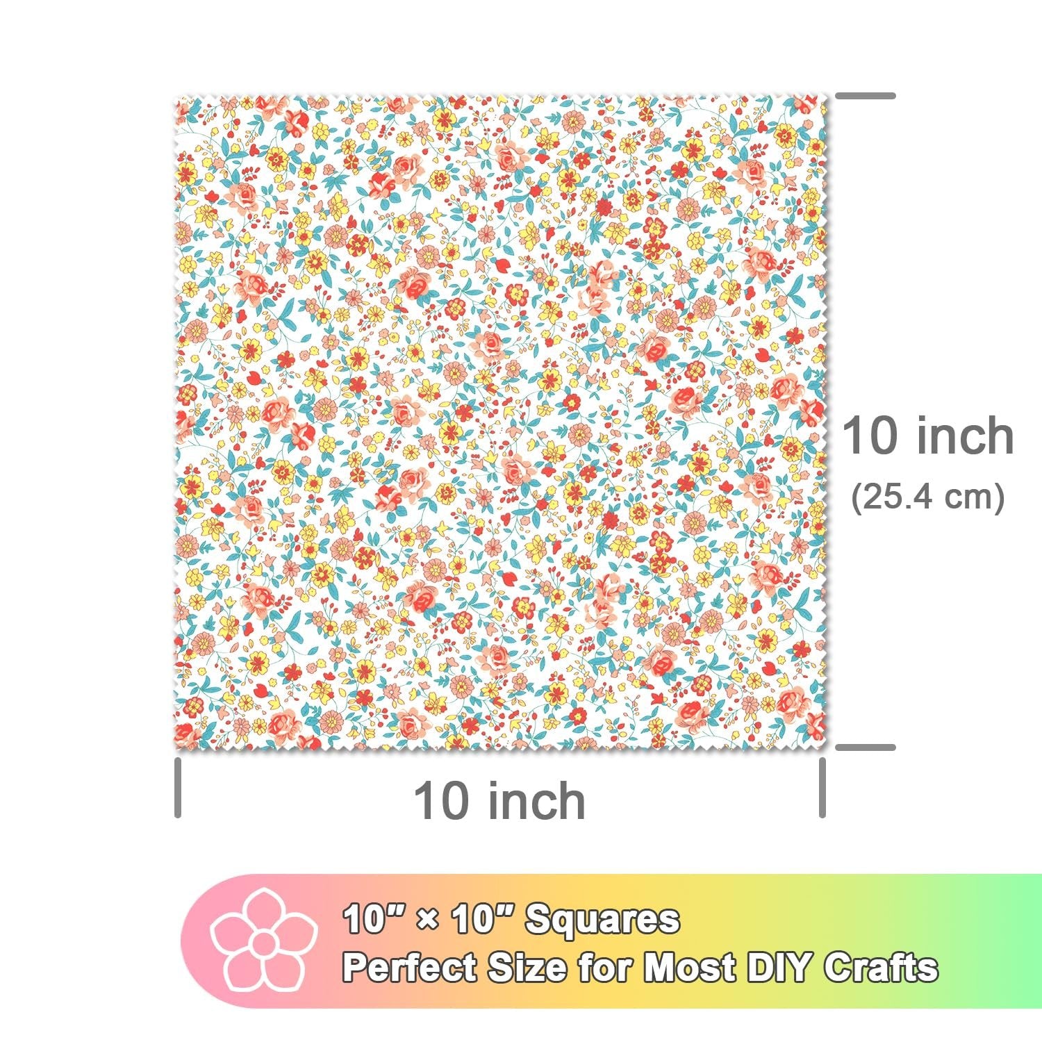 Floral cotton fabric square with dimensions indicated by graphic lines and text.