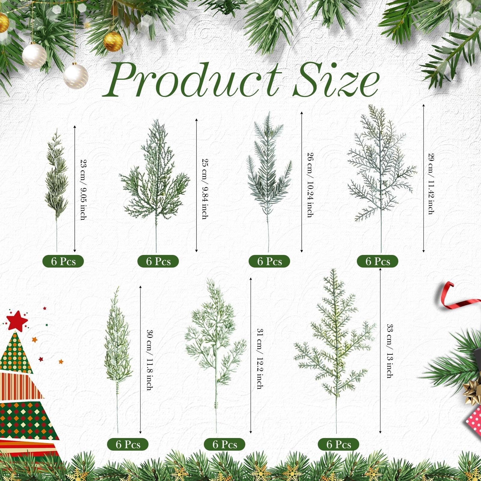 Seven styles of flocked artificial pine branches with size and quantity labels, set against a white textured background with Christmas greenery accents.