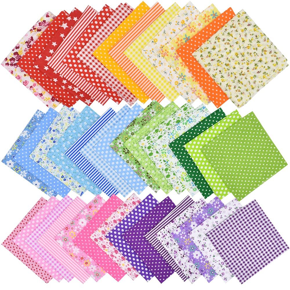 Stack of 42 colorful floral and patterned 10x10 inch cotton fabric squares for crafts