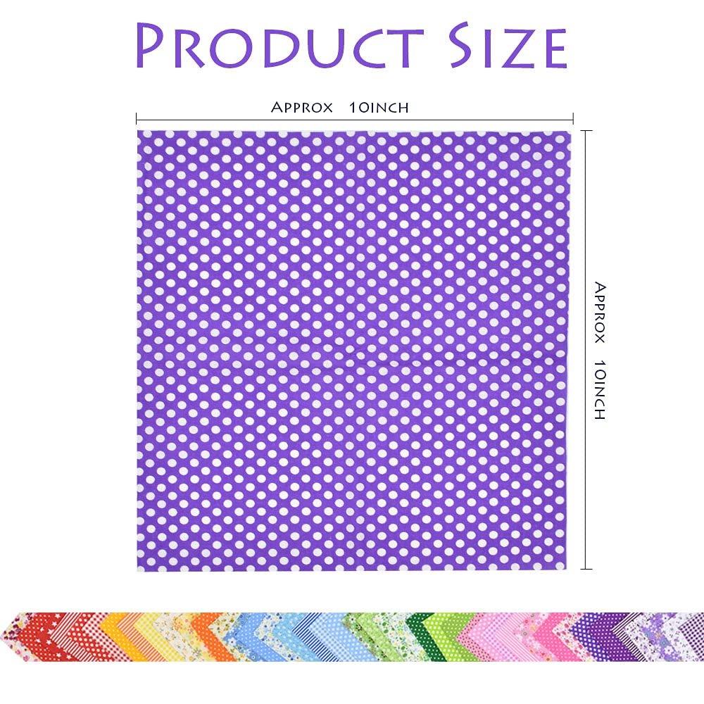 Purple fabric square with white polka dots, showing approximate 10-inch size, with a strip of various patterned fabric squares below.
