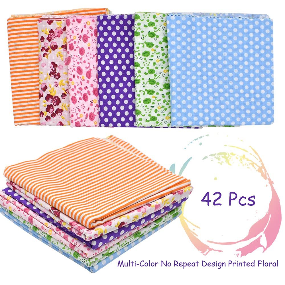 Stack of 42 colorful floral and polka dot cotton fabric squares, 10x10 inches, for crafts