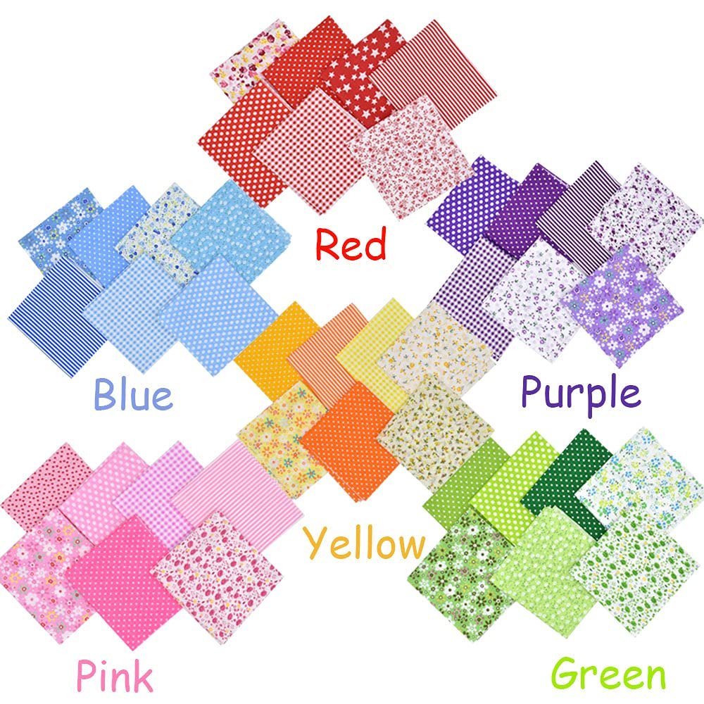 Assortment of 42 colorful floral patchwork fabric squares arranged in color groups: red, blue, yellow, pink, purple, and green.