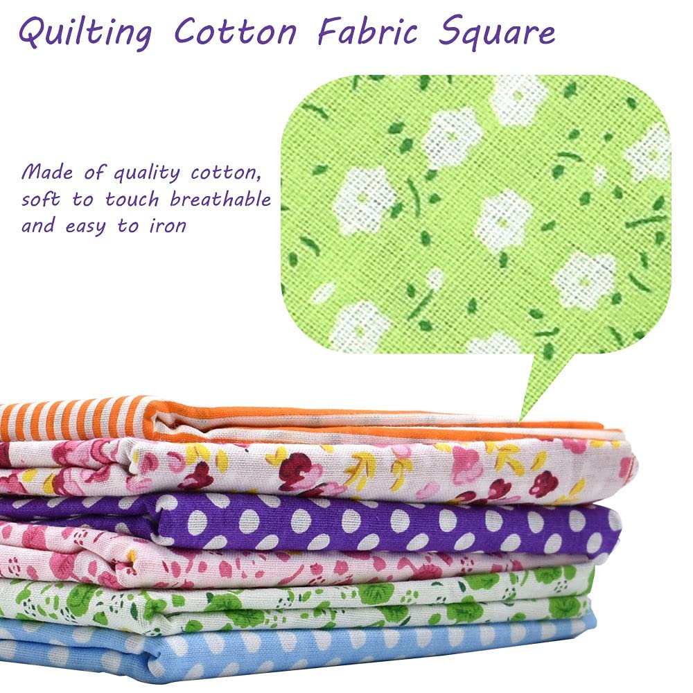 Stack of folded floral and polka dot patterned cotton fabric squares with a close-up view of a green floral fabric in a speech bubble.