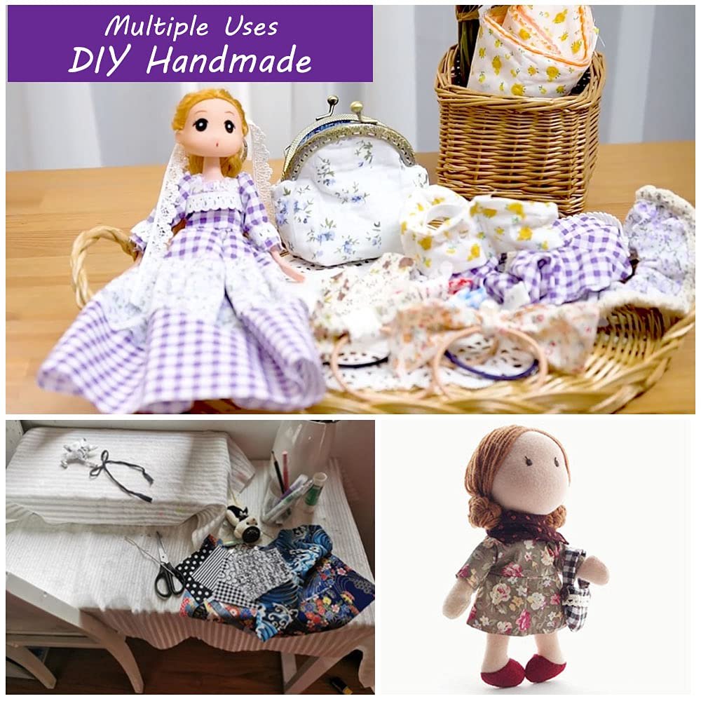 Collage of fabric squares and doll crafts: doll in dress, basket of fabric, sewing supplies, and a finished doll.