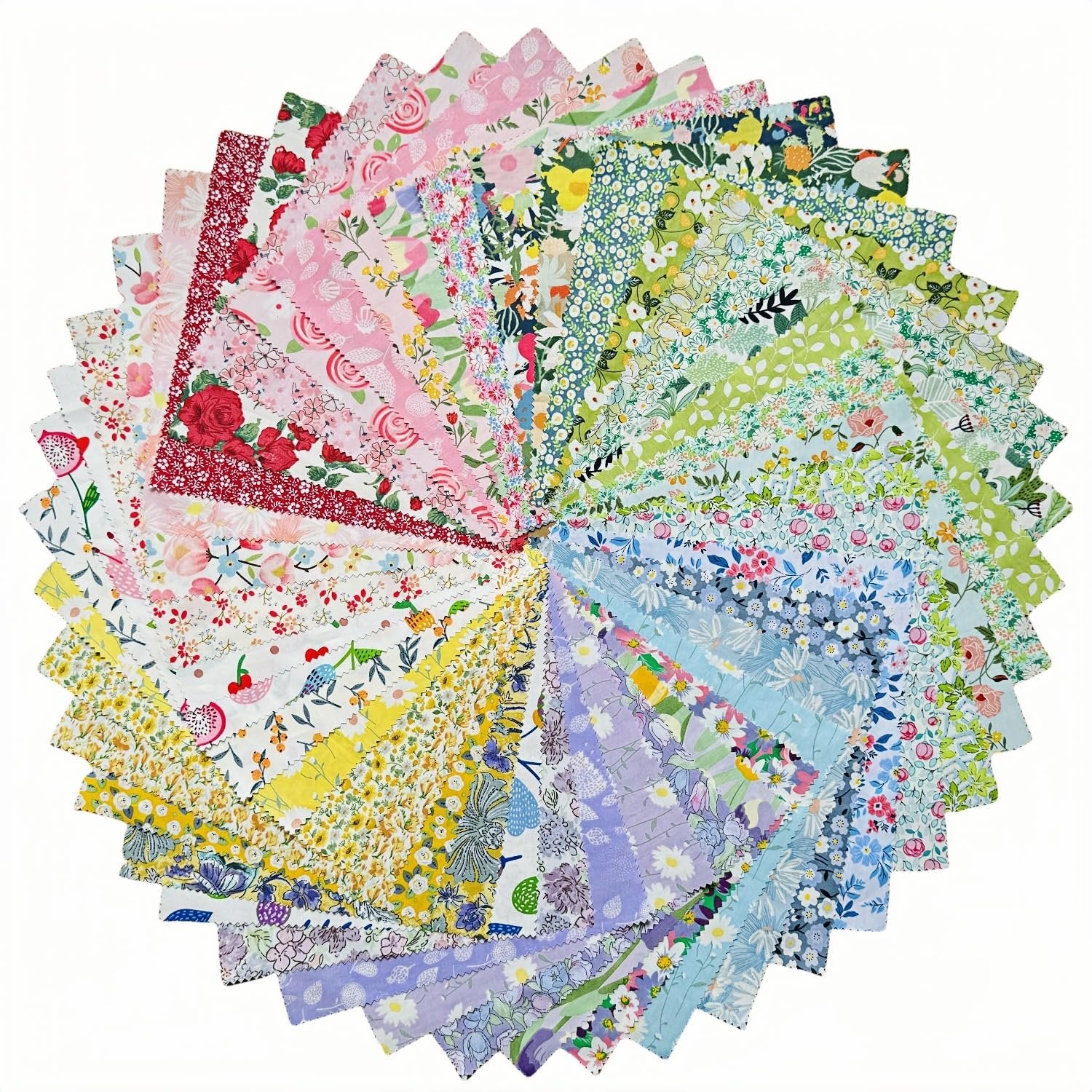 A circular arrangement of 42 floral cotton fabric squares for quilting and crafts, displayed on a white background.