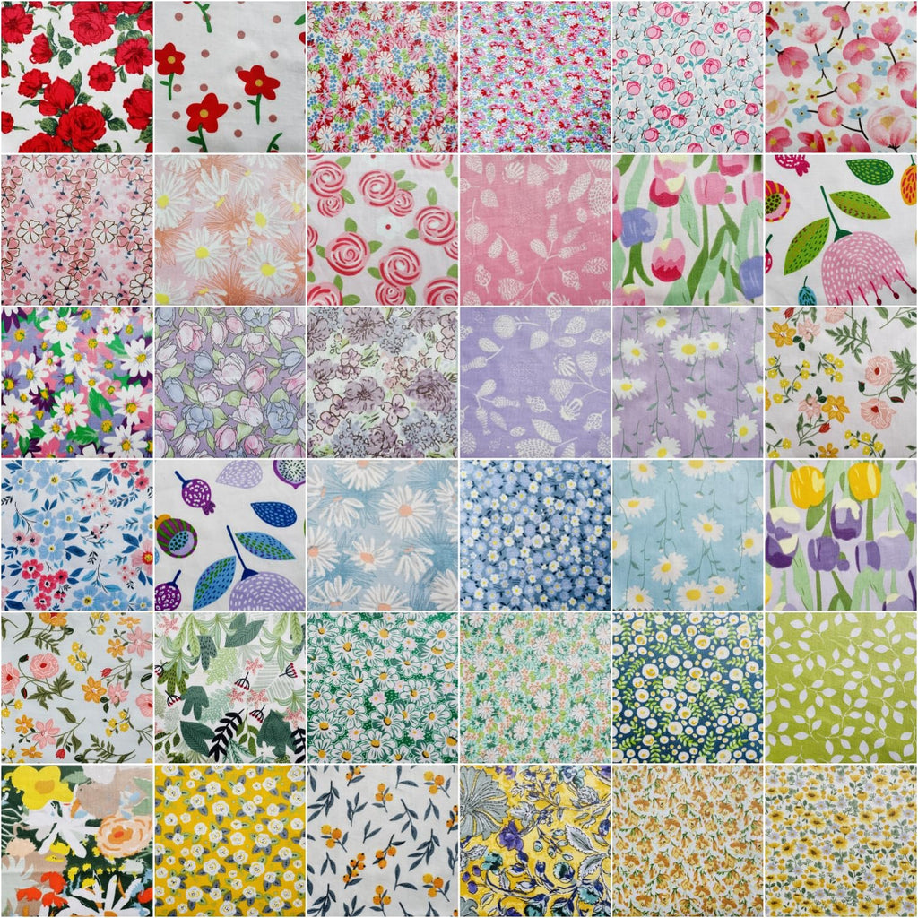 Collage of 42 floral and botanical print cotton fabric squares, each 10x10 inches.