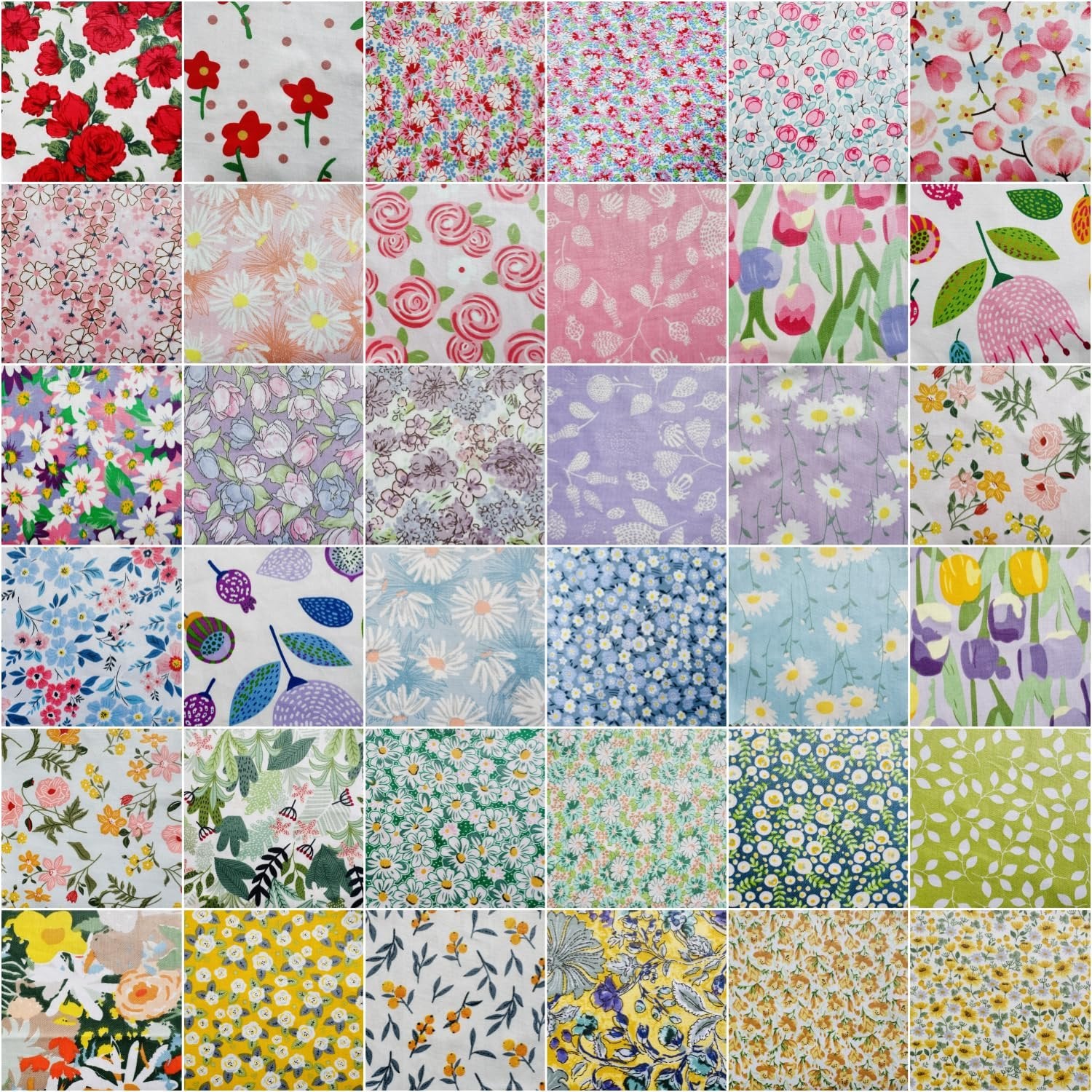 Collage of 42 floral and botanical print cotton fabric squares, each 10x10 inches.