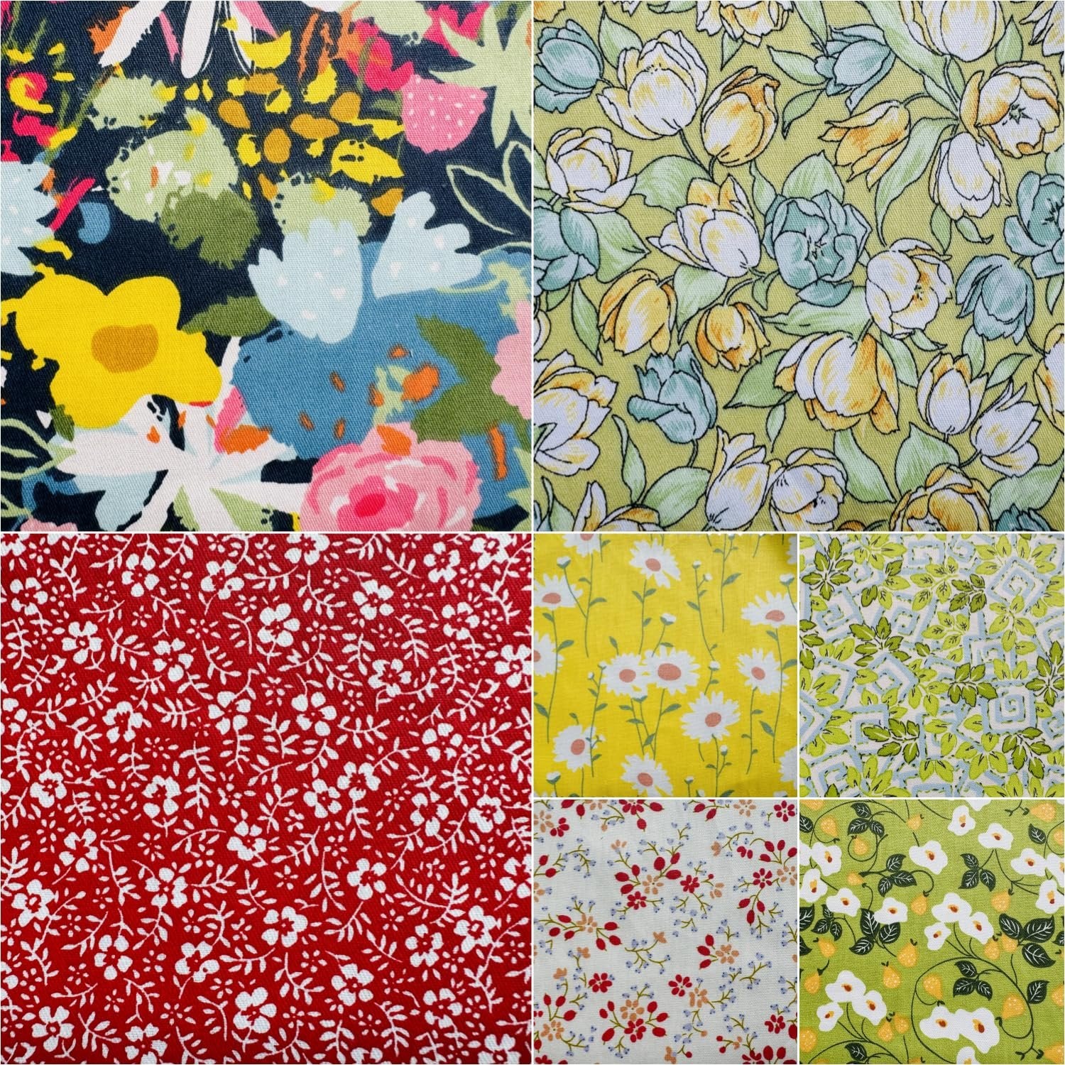 Collage of six floral cotton fabric squares in various patterns and colors for quilting and crafts.