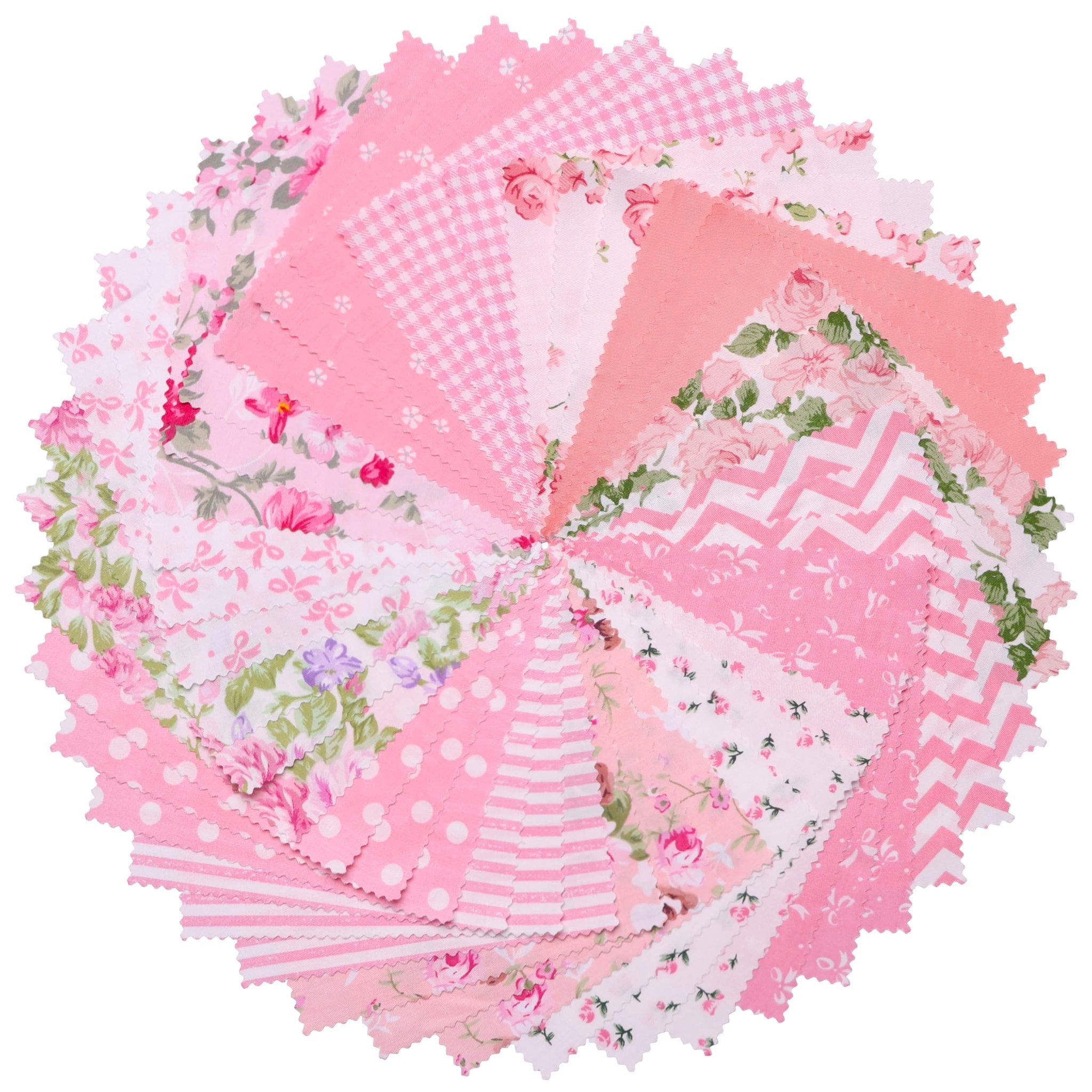 Swirl of pink cotton quilt squares with various floral, gingham, polka dot, stripe, and chevron prints on a white background.
