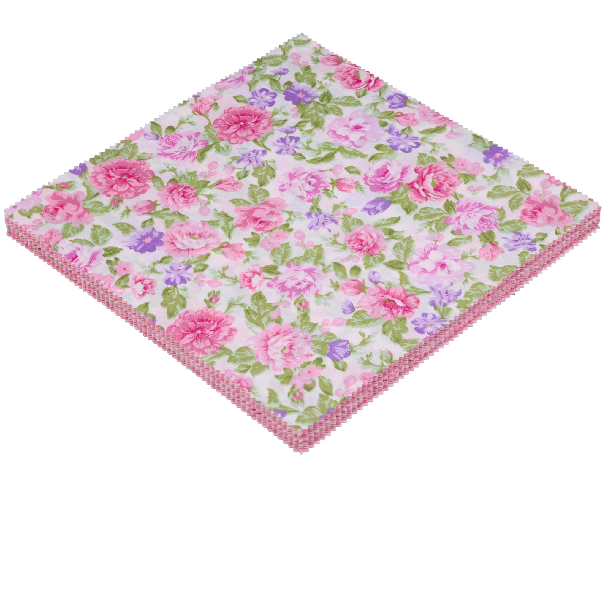 Stack of 10x10 inch pink floral print cotton quilt squares with pink zig-zag edges, shown from an angled top-down view on a white background.