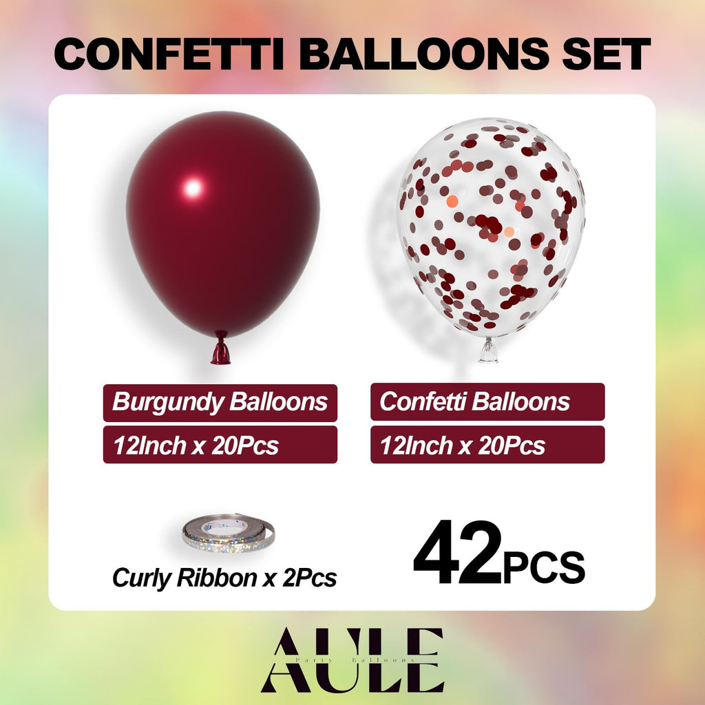 Burgundy and confetti balloons with curly ribbon and quantity count