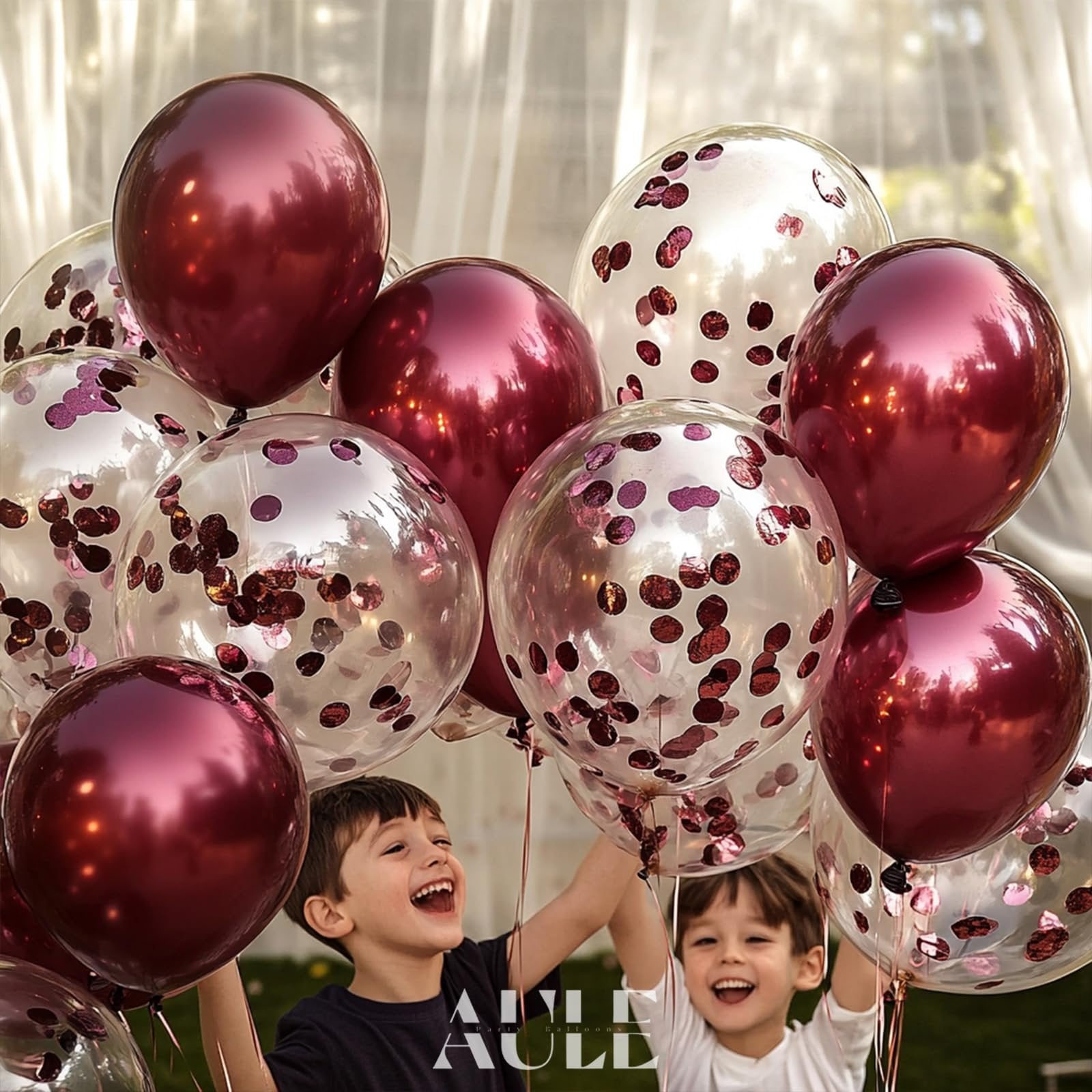 Two happy boys holding burgundy and confetti balloons outdoors