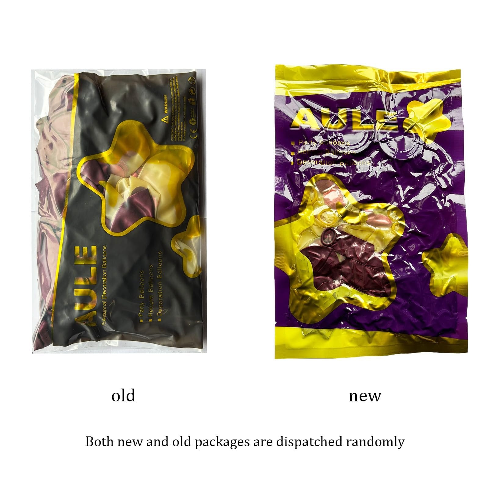 Two vacuum-sealed packages of burgundy and gold balloons, one labeled 'old' and the other 'new'.