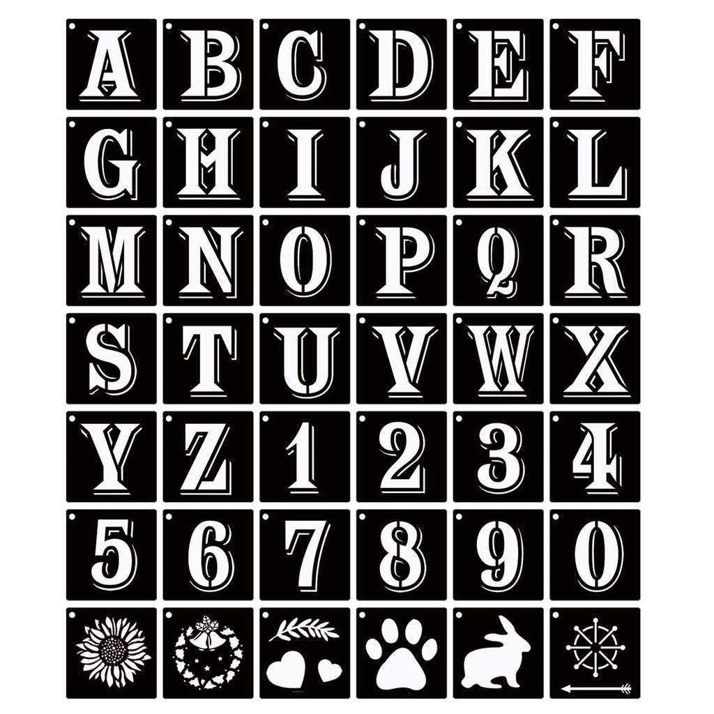 Alphabet, number, and symbol stencils arranged in a grid on a black background.