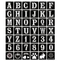 Alphabet, number, and symbol stencils arranged in a grid on a black background.