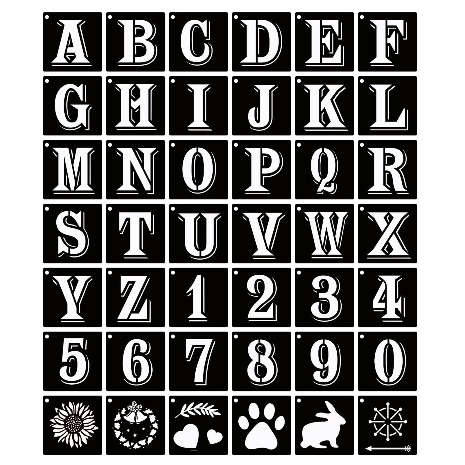 Alphabet, number, and symbol stencils arranged in a grid on a black background.