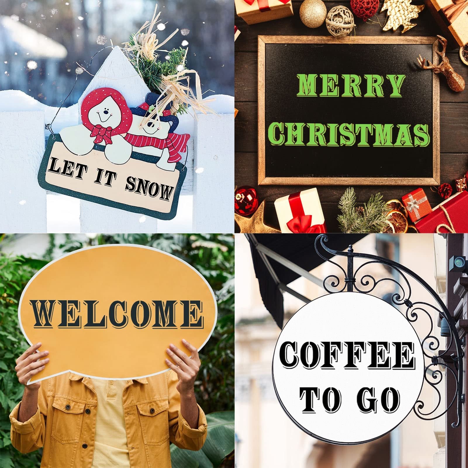 Collage of four signs: snowman sign saying 'LET IT SNOW', chalkboard saying 'MERRY CHRISTMAS', person holding 'WELCOME' sign, and 'COFFEE TO GO' sign.