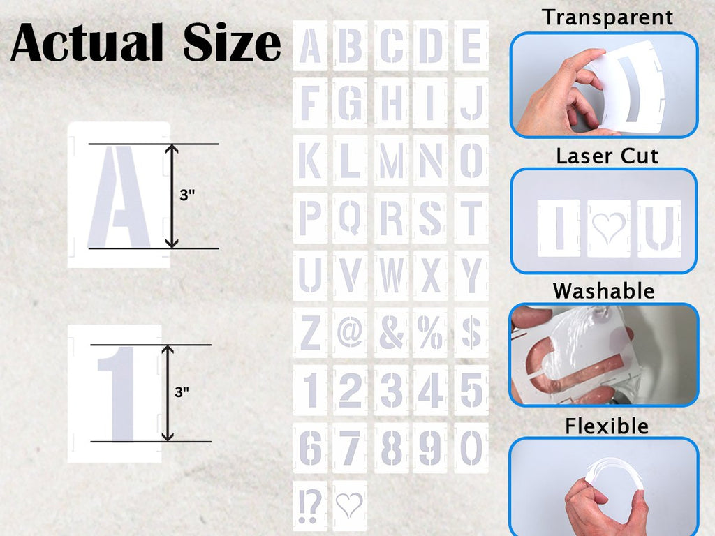 3 inch interlocking stencil set with letters, numbers, and symbols shown in various arrangements and demonstrations of features.