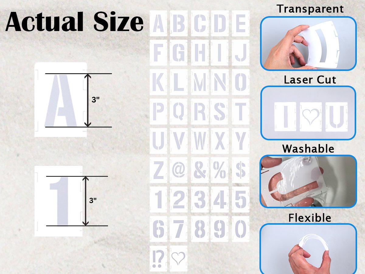 3 inch interlocking stencil set with letters, numbers, and symbols shown in various arrangements and demonstrations of features.
