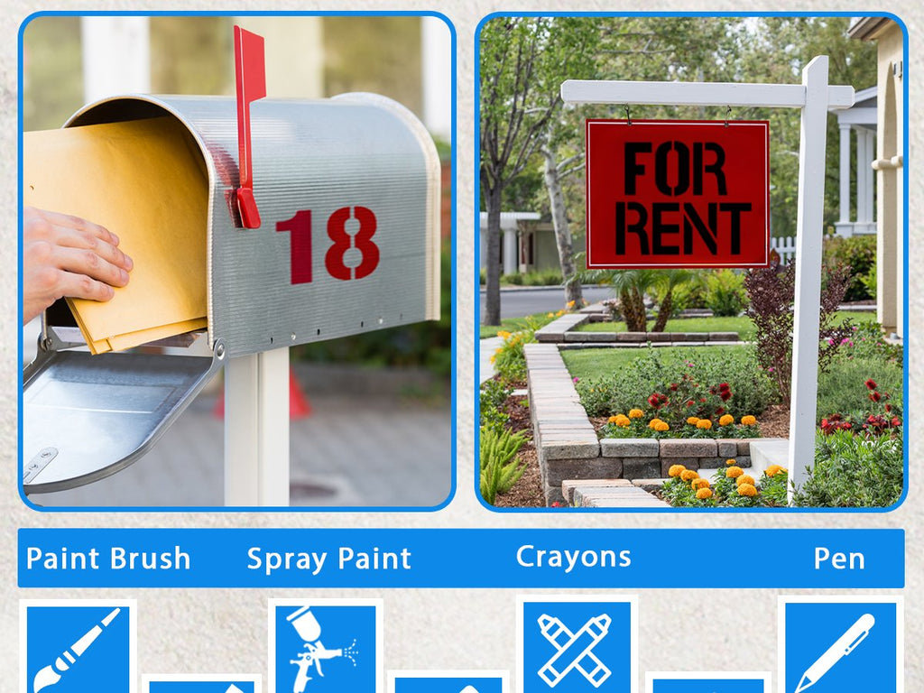 Collage of a hand putting mail in a mailbox with number 18 and a red 'For Rent' sign in a yard