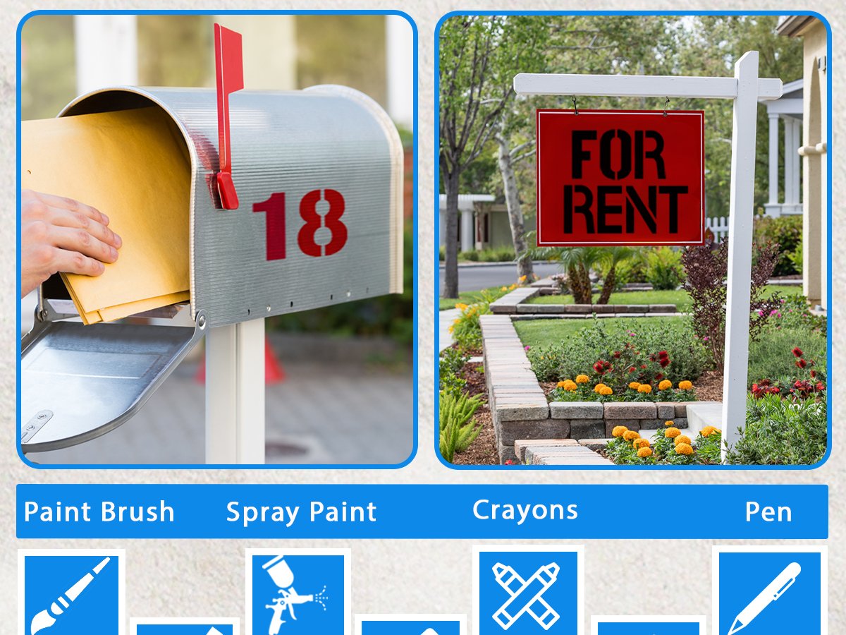 Collage of a hand putting mail in a mailbox with number 18 and a red 'For Rent' sign in a yard