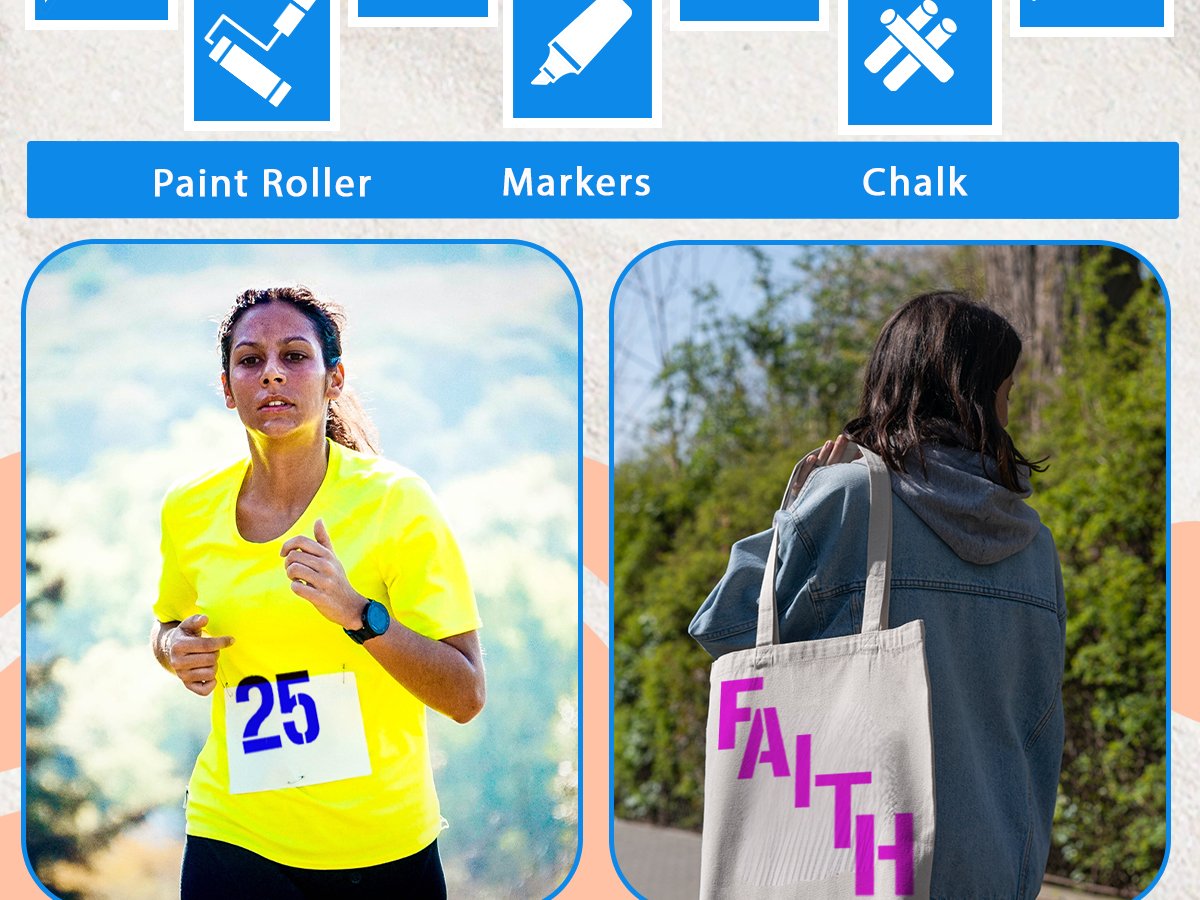 Woman running in a race with bib number 25 and person carrying a tote bag with the word FAITH