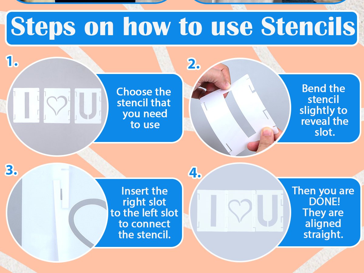 Four steps illustrating how to connect interlocking stencils to form the phrase 'I Love You'.