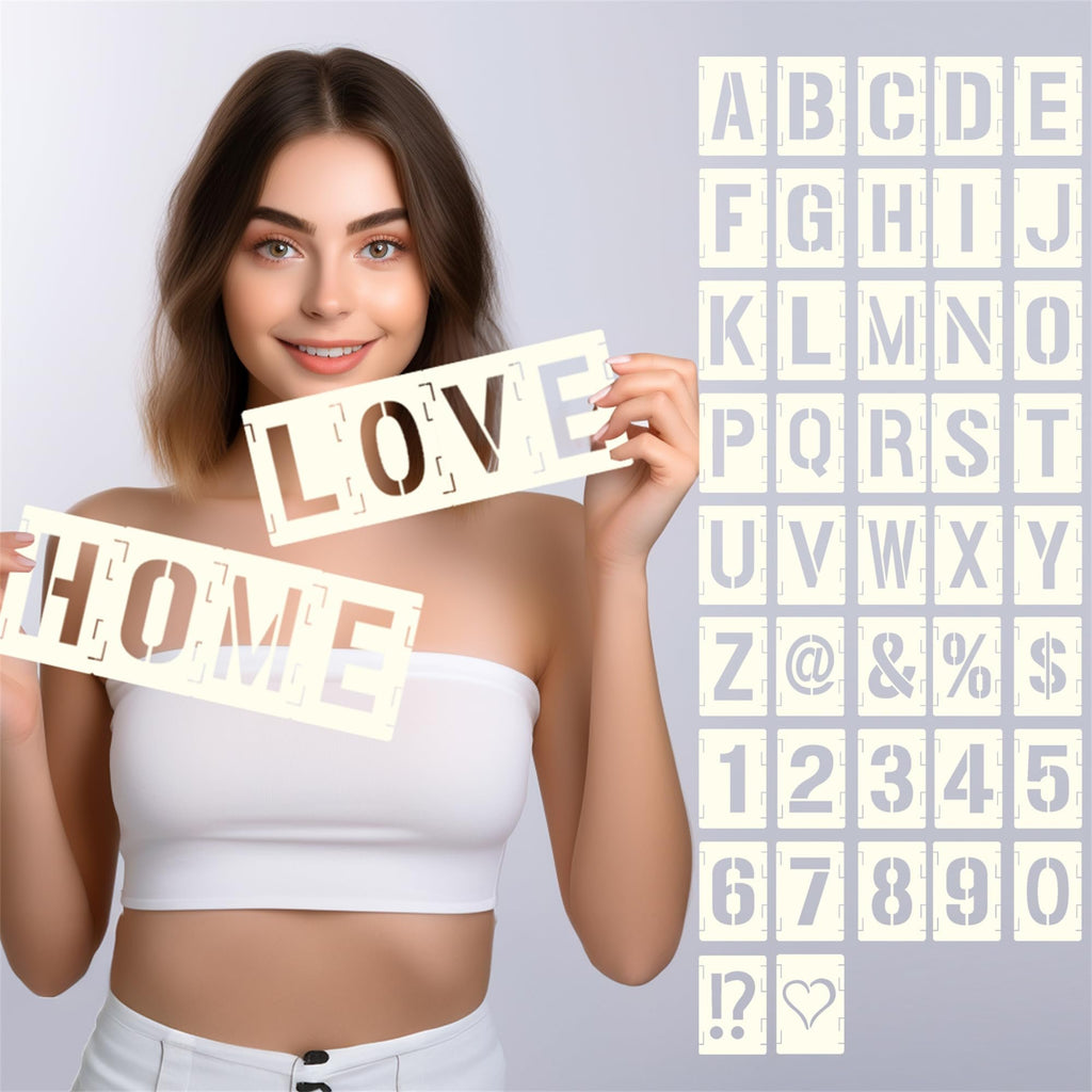 Woman holding stencils spelling HOME and LOVE, with a grid of alphabet and number stencils in the background.