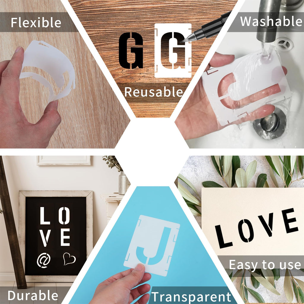 Collage showing letter stencils being used, cleaned, and demonstrating flexibility, durability, and ease of use.