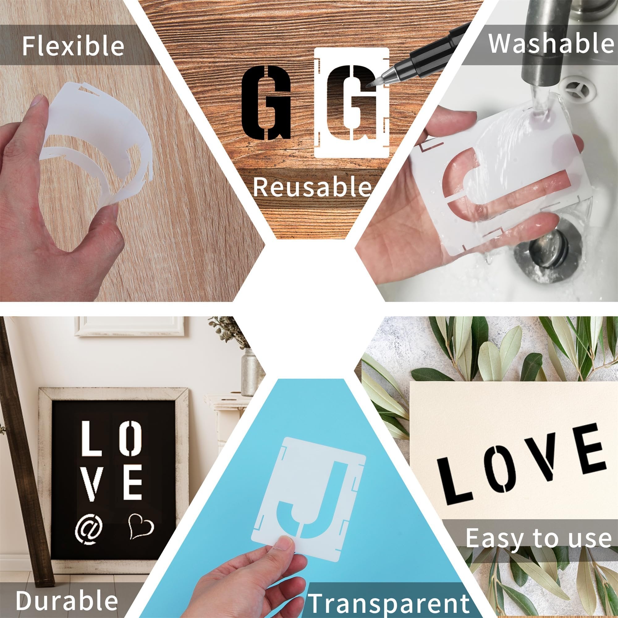 Collage showing letter stencils being used, cleaned, and demonstrating flexibility, durability, and ease of use.