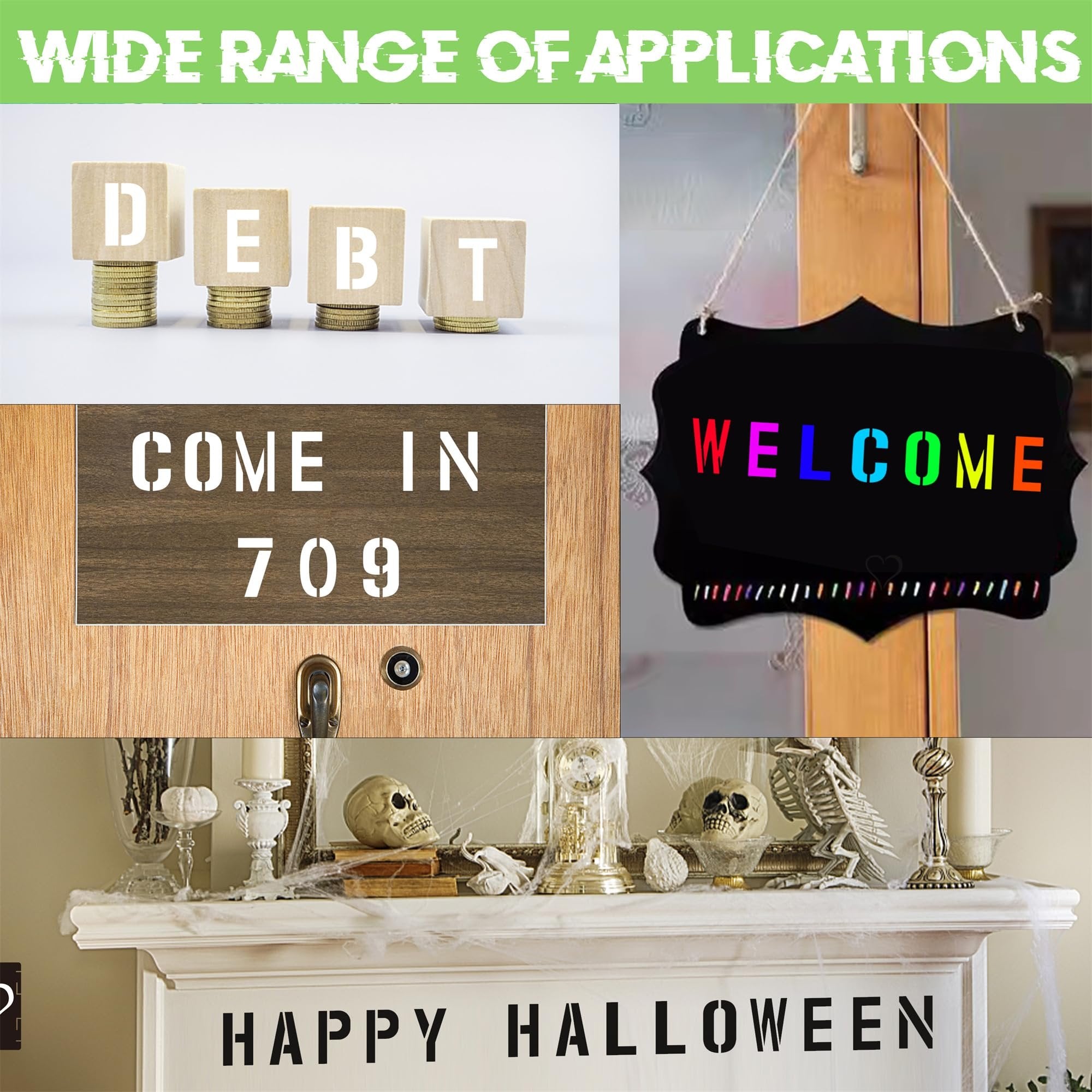 Collage of stencil applications: wooden blocks spelling DEBT on coins, 'COME IN 709' on wood, 'WELCOME' on a chalkboard, and 'HAPPY HALLOWEEN' on a mantelpiece.
