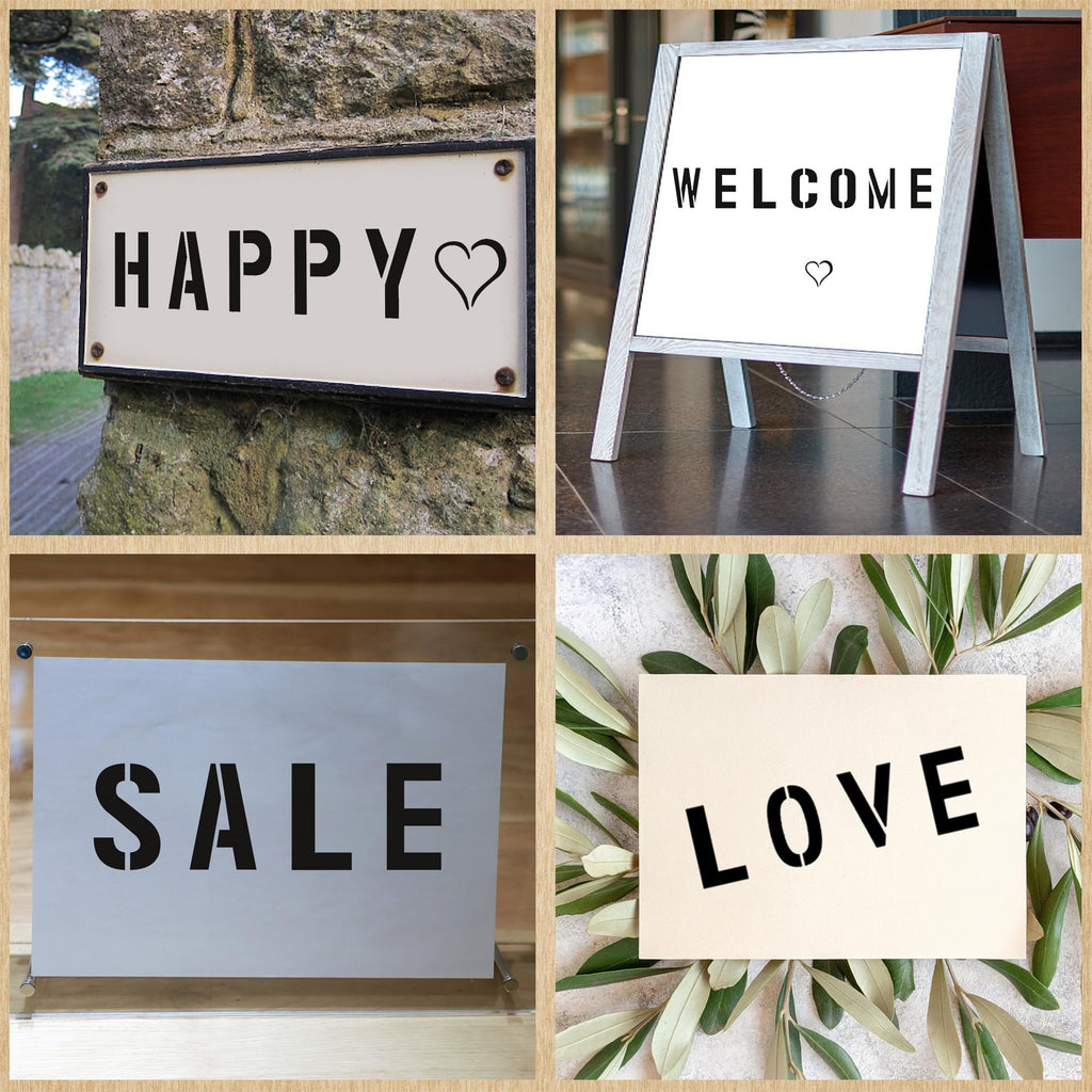 Collage of four images showing stenciled words: HAPPY with heart, WELCOME with heart, SALE, and LOVE surrounded by olive branches.