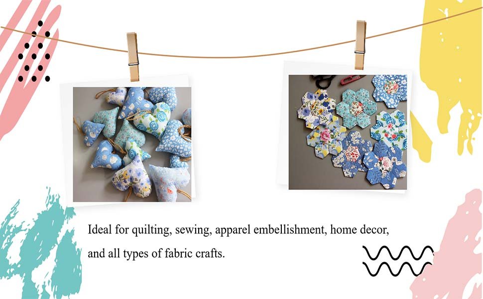 Two photos of blue floral fabric crafts, one with heart shapes and one with hexagonal shapes, hanging on a string with clothespins.